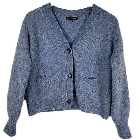 Banana Republic Alpaca Wool Blend Cropped Cardigan Womens Small Blue Soft Fuzzy - Picture 1 of 11